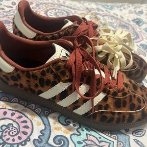 Adidas Brown and White Leopard Print Sneakers